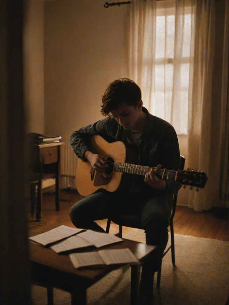 Blurry candid shot of a young man playing an acoustic guitar in a dimly lit room, soft light from a nearby lamp casting long shadows on the walls, with sheet music scattered around.