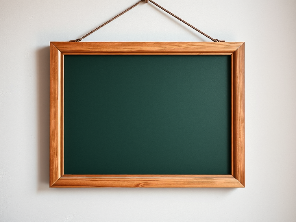 Create an image of a wooden frame hanging on a wall with a blank dark green canvas inside it, using a DSLR camera with a 50mm lens, aperture set to f/1.8, ISO 100, shutter speed 1/200s, with natural lighting for enhanced clarity and depth.