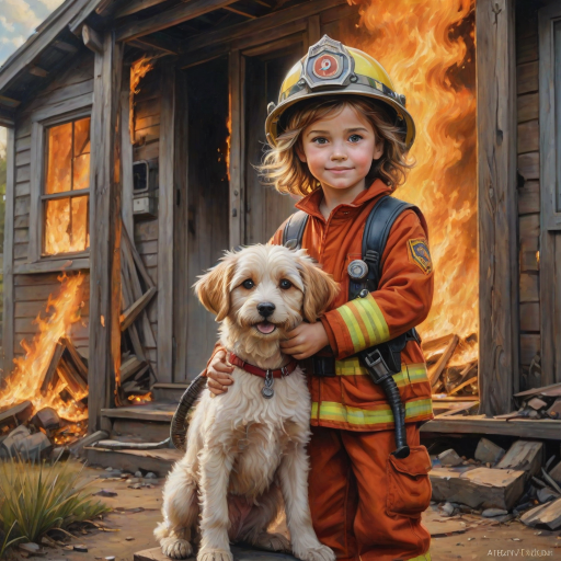 airbrushed oil painting, pixar style, cute little girl in fireman gear, helmet, tousled hair, expressive eyes, standing in the doorstep of a cottage burning behind him, holding a cute little dog in her arm, atumn sky