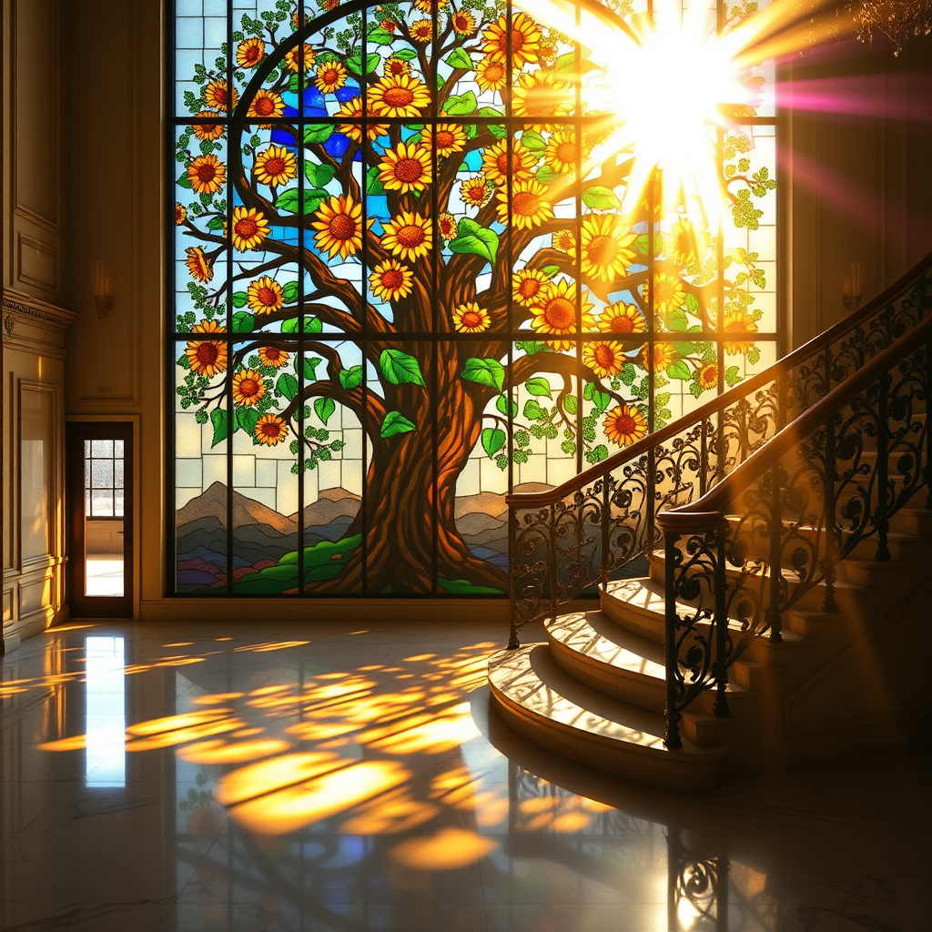 A stained glass window featuring a large, vibrant tree with blooming sunflowers as its focal point. The sunlight passes through the glass, casting multicolored shadows across the floor and a grand, curved staircase with ornate iron railings. The overall ambiance is warm, with golden sunlight enhancing the vivid colors of the stained glass, creating a serene and artistic atmosphere in a spacious room with polished marble floors. The scene is elegant and peaceful, with a blend of nature and architectural beauty.