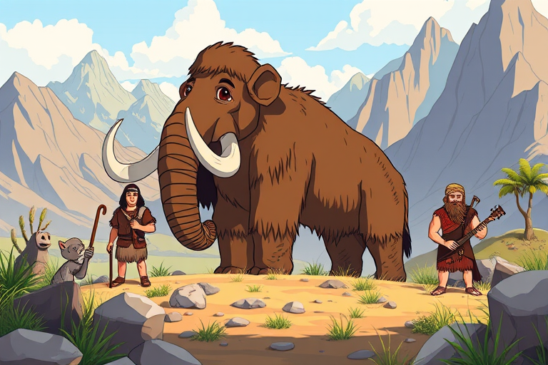 Generate an illustration of a prehistoric scene featuring cartoon cavemen and a woolly mammoth in a mountainous landscape, using a Canon EOS R5 with a 50mm f/1.8 lens, aperture set to f/4, ISO 100, and a bright daylight setting for vivid colors and sharp details.