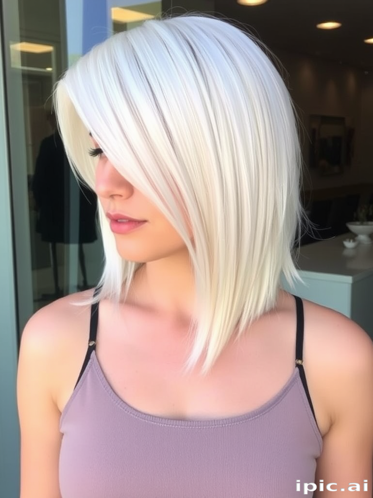 Sleek platinum blonde bob known as "Arctic Whisper" boasts razor-sharp edges and a glass-like shine, accented with delicate ice-blue lowlights for added dimension