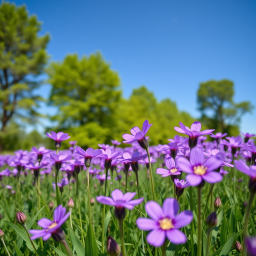 capture a field of vibrant purple flowers under a clear blue sky with lush green trees in the background, low angle shot, aperture f/2.8, ISO 100, 1/200s, DSLR style