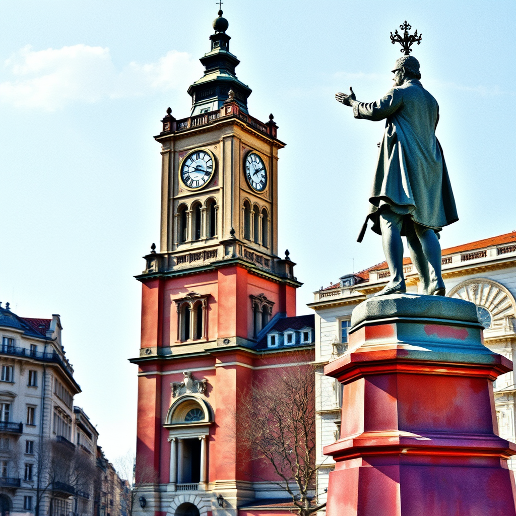 Create an artistic watercolor illustration of a statue in a cityscape with a prominent clock tower in the background, using a Canon EOS 5D Mark IV camera with a 24-70mm f/2.8 lens, aperture set to f/8, ISO 100, and a wide-angle view to enhance depth and color vibrancy.