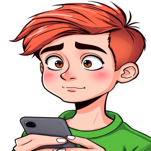 Create a detailed digital illustration of a young man with short red hair, wearing a bright green shirt, looking at a smartphone with a thoughtful expression, draw him with exaggerated features in a cartoon style, set against a plain white background, use soft lighting, focus on the subject, 35mm lens, aperture f/4, ISO 100, enhance colors for vibrancy.