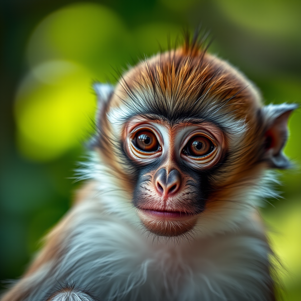 Create a close-up shot of a monkey, showcasing detailed fur textures and expressive eyes, natural background with bokeh effect, using a Canon EOS R5, 85mm f/1.2 lens, ISO 100, aperture f/1.2, shutter speed 1/500s, with soft natural lighting.