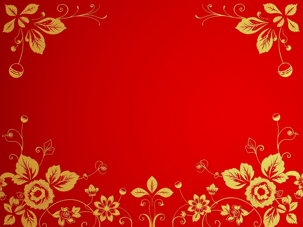Create a decorative background with a rich red color, featuring intricate golden floral designs and sparkling orbs, photographed with a DSLR camera, 50mm lens, f/2.8 aperture, ISO 100, and soft diffused lighting for enhanced clarity and vibrancy.