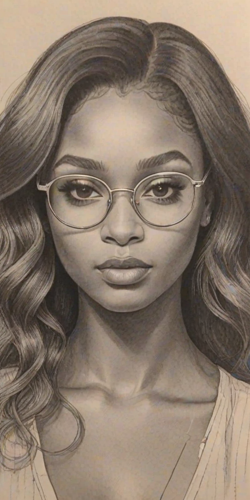 Fascinating Normani, pencil sketch, portrait of Stunning woman 1978s in glasses, hair style beatnik, outline, clear lines, fine lines, 8k