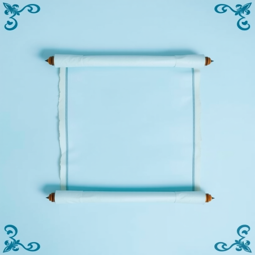Create a vibrant blue parchment scroll frame with decorative rolled edges and a soft gradient background, captured with a Canon EOS R5, 50mm lens, f/2.8 aperture, ISO 100, shot from a flat lay perspective for enhanced detail and clarity.