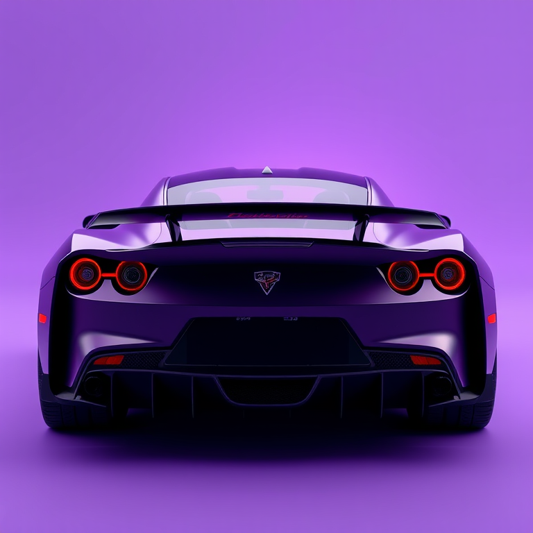 highly detailed 3D rendering of a modern sports car from the rear, soft purple background, 50mm lens, f/8 aperture, ISO 100, frontal view, using a DSLR camera with shallow depth of field for enhanced focus on the car details