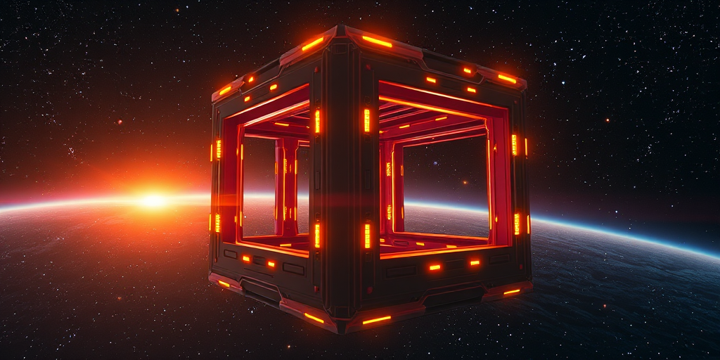 Create a hyper-detailed 3D render of a futuristic, illuminated cube structure in deep space, camera settings: f/8, ISO 100, shutter speed 1/200s, camera view: wide-angle perspective, camera style: high dynamic range imaging, camera type: digital DSLR.
