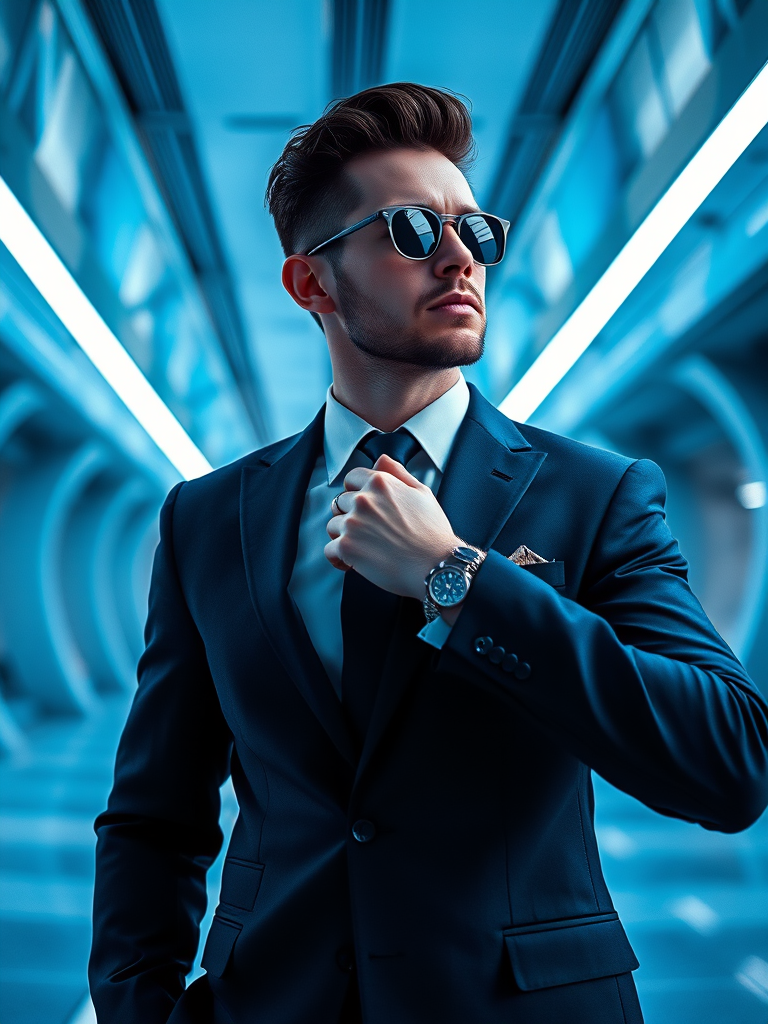 Regenerate an image of a confident man in a suit adjusting his tie, wearing sunglasses, standing in a modern, futuristic environment with blue tones, shot on a DSLR camera at f/2.8 aperture, ISO 100, 35mm focal length, low angle view, high contrast lighting.