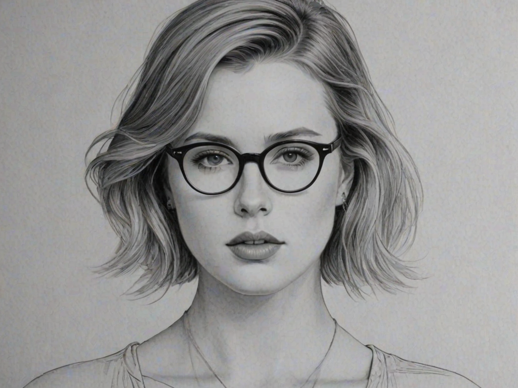 Comely Ireland Baldwin, pencil sketch, portrait of Sublime woman 1925s in glasses, hair style beatnik, outline, clear lines, fine lines, 8k