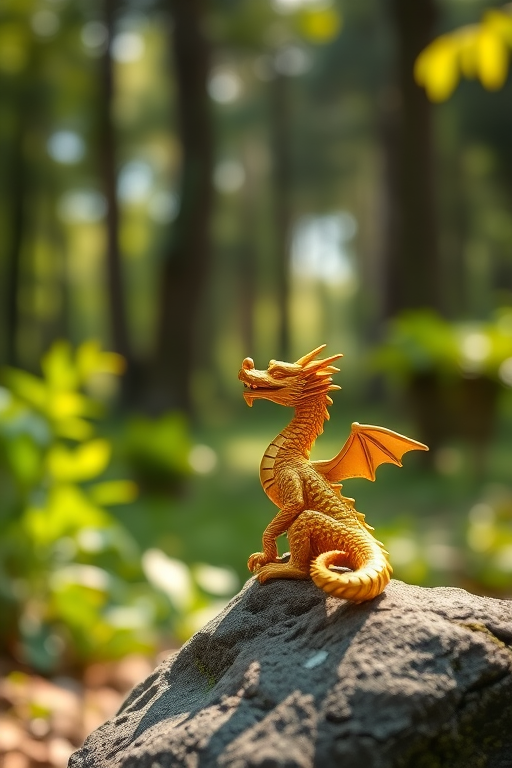 Golden dragon figurine perched on a rock in a lush forest setting, soft focus background, natural sunlight streaming through trees, 50mm lens, f/2.8 aperture, ISO 200, shallow depth of field, taken with a DSLR camera.
