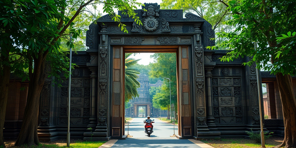 Regenerate a high-resolution image of ancient stone temple gates with intricate carvings surrounded by lush green trees, captured with a Canon EOS 5D Mark IV, 24mm lens, aperture f/8, ISO 100, 1/250 sec shutter speed, in natural light, showing a clear view of a motorbike passing through the archway.