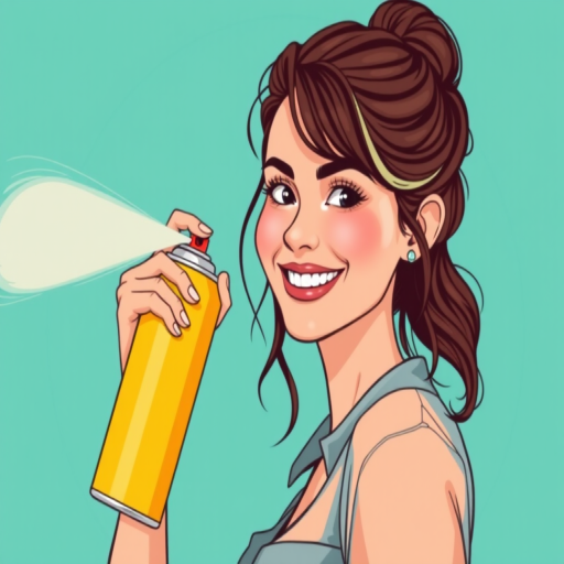 Create a vector illustration of a woman holding a yellow spray can, smiling confidently, in a circular turquoise background, using a high-resolution digital art style with vibrant colors, focus on clean lines and minimalistic design, camera type: digital illustration, camera settings: 300 dpi, 16:9 aspect ratio, camera view: front-facing portrait.