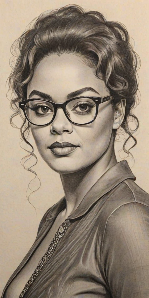 Magnificent Jill Scott, pencil sketch, portrait of Gorgeous woman 1970s in glasses, hair style beatnik, outline, clear lines, fine lines, 8k