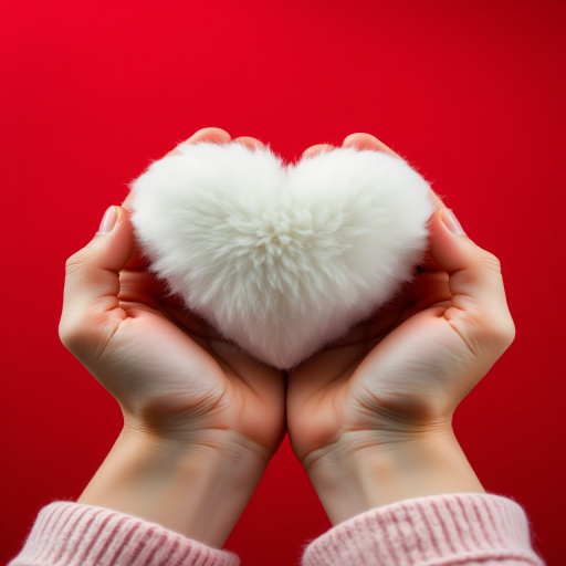 a soft fluffy white heart held in two hands against a solid red background, shallow depth of field, aperture f/2.8, ISO 100, 50mm lens, natural light, close-up shot, high-resolution, vibrant colors, soft focus on the background