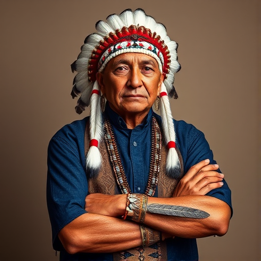 Create a dignified portrait of a Native American man dressed in traditional attire. He wears a beautifully crafted headdress adorned with white feathers and red beads, along with a beaded headband featuring intricate patterns. His clothing includes a deep blue, patterned shirt and a traditional chest piece with detailed beadwork. His arms are crossed, displaying leather armbands decorated with feathers. The background is simple and neutral, emphasizing his proud and stoic expression. The overall image captures the rich cultural heritage and strength of his persona.