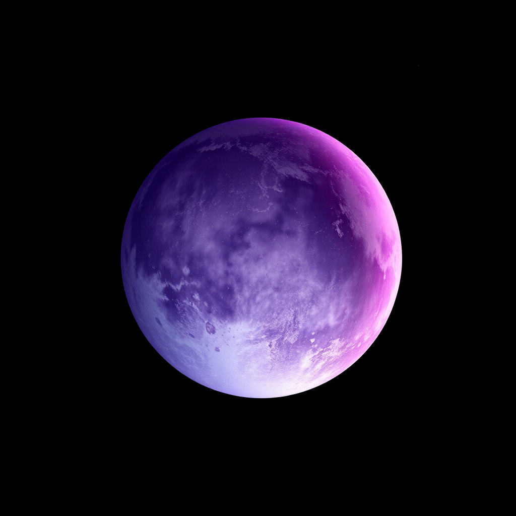 A high-resolution digital illustration of a textured planet with purple and white hues, surrounded by a starry black background, taken with a DSLR camera at f/8 aperture, ISO 200, 24mm lens, using a wide-angle view and soft focus style.