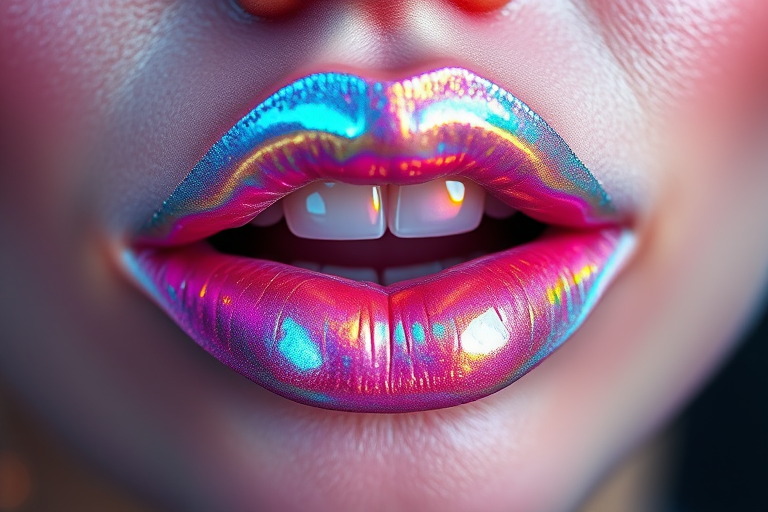 Shimmering holographic lips reflecting prismatic hues, iridescent shine creating mesmerizing depth, full and pouty appearance, futuristic and enchanting Cosmic Opal Sparkle style