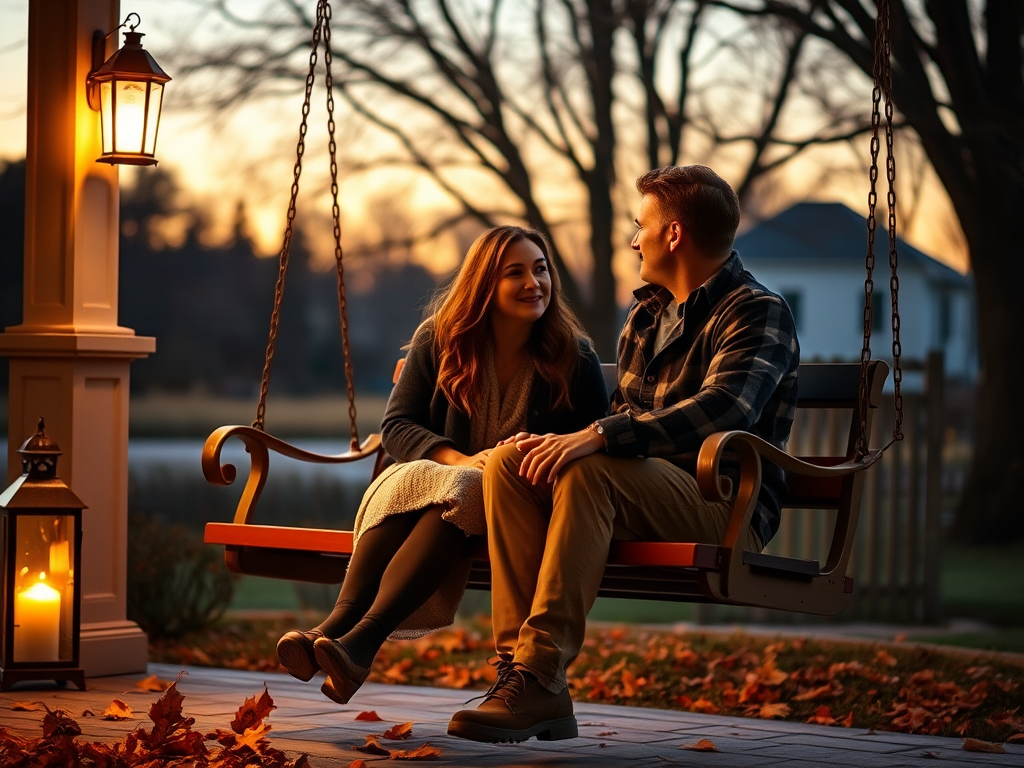 Softly lit image of a couple sitting on a porch swing at twilight, soft golden light from nearby lanterns illuminating their faces, with vibrant autumn leaves scattered on the ground and a faint breeze in the air.