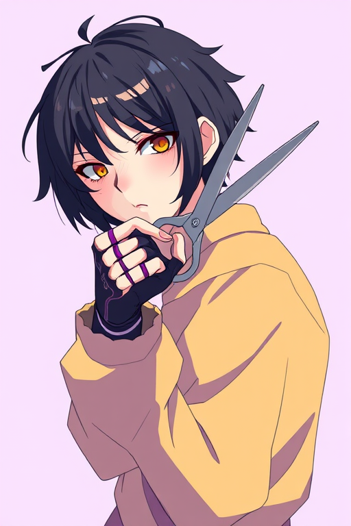Create a high-resolution digital illustration of a character with scissor hands, emphasizing intricate details, using a 50mm lens at f/2.8, with soft lighting and a shallow depth of field, in a flat, minimalist style with a light purple background.