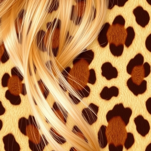Bold leopard print hair featuring a blend of golden blonde and rich brown hues, designed by Savannah Spots, exhibiting a daring pattern with strategically placed dark spots on a light base