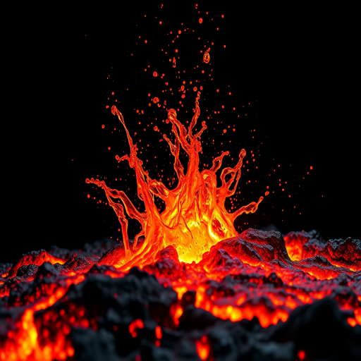 Generate a hyper-realistic image of molten lava splashing against a black background using a Canon EOS 5D Mark IV, 50mm f/1.8 lens, aperture f/2.8, ISO 100, shutter speed 1/2000 sec, high dynamic range to enhance the texture and glow of the lava.