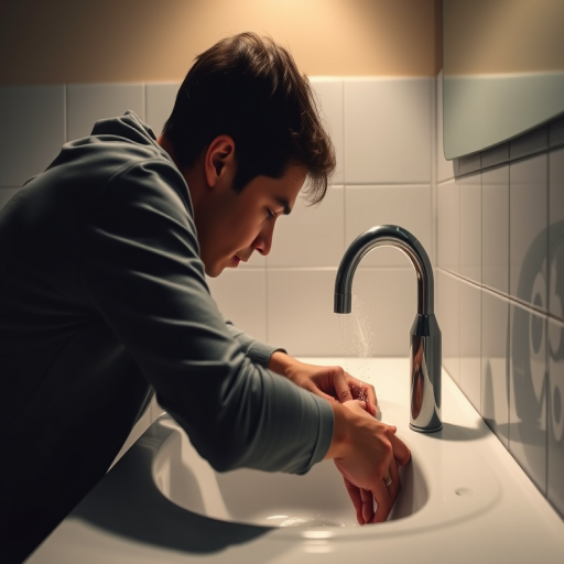 Create a high-resolution vector graphic of a person leaning over a sink, with bubbles coming from the faucet, using a wide-angle lens at f/8 aperture, ISO 100, shot with a DSLR camera from a slightly elevated angle for depth.
