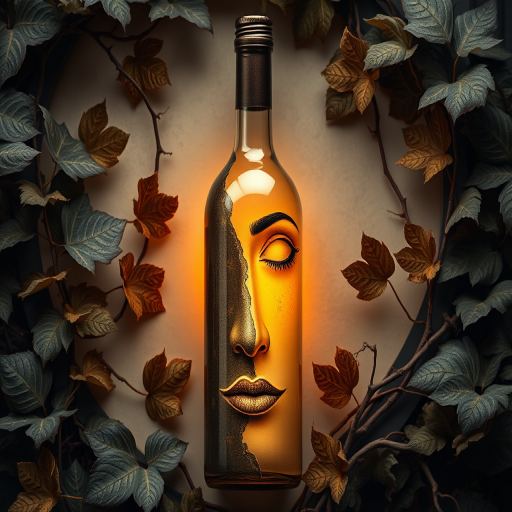 Create an artistic representation of a bottle with a face integrated into its design, surrounded by textured vines and leaves, shot with a Canon EOS 5D Mark IV, 50mm lens, f/2.8 aperture, ISO 100, soft diffused lighting to enhance detail and depth.