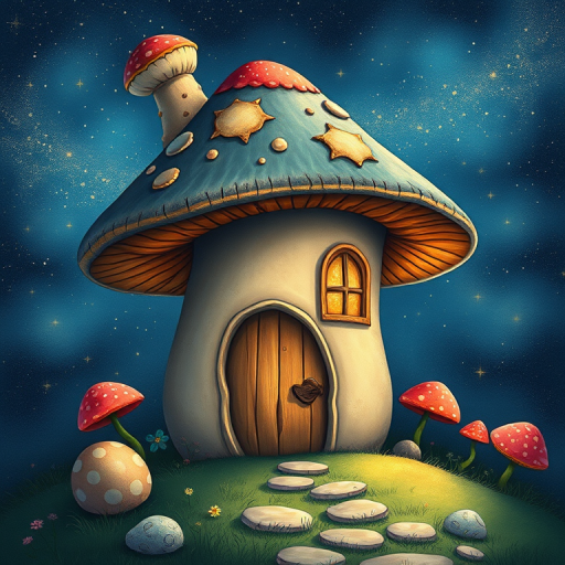 this photo is illustration of a mushroom house with a door and a window, a storybook , fantasy art, mushroom house, bg starry sky, sparkles