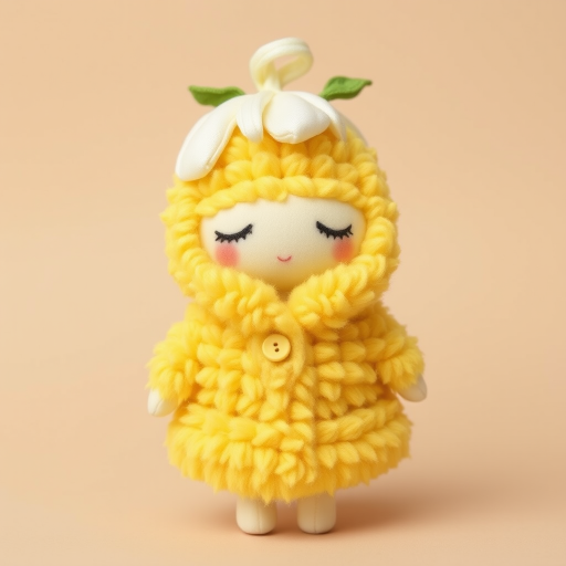 A cute doll resembling a *cereal*, dressed in a fluffy yellow coat that mimics the texture of corn kernels. The doll has soft, closed eyes and light blonde hair, adorned with green leaves and a yellow button at the collar. The background is a soft beige to complement the colors of the doll, and the overall style is whimsical and pastel, emphasizing a cozy, huggable appearance.