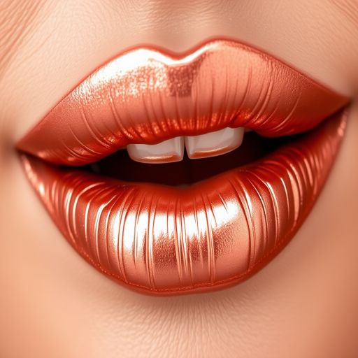 Shimmering rose gold liquid metal lips, named "Gilded Petals," offering intense metallic shine and comfortable wear, ideal for glamorous and sophisticated evening looks