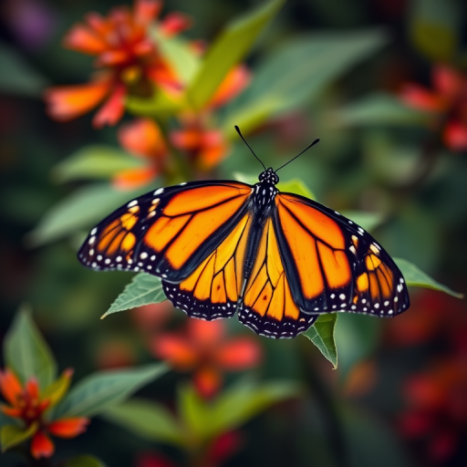 Create an image of a vibrant monarch butterfly perched on a green leaf, showcasing its distinctive orange and black wings against a blurred natural background. The butterfly should be detailed, with clear patterns visible on its wings, and the surrounding foliage should be lush and colorful.