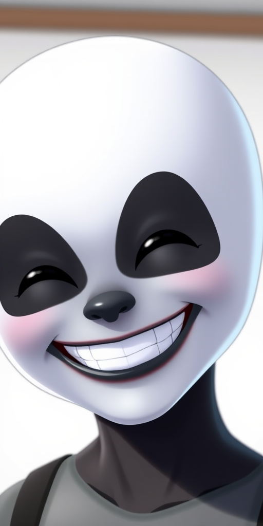Create a high-resolution digital illustration of a smiling character with a white head and black facial features, using a DSLR camera with a 50mm lens at f/1.8 for a shallow depth of field, with a clean studio backdrop and bright lighting to enhance details.