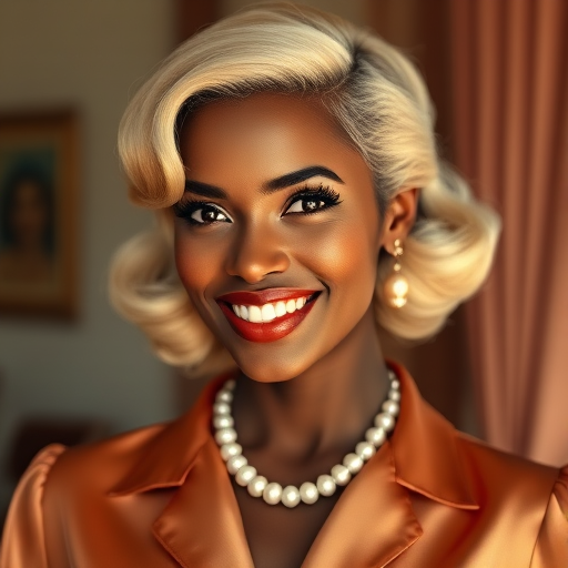 A beautiful Afro-Caribbean woman reminiscent of 1950s Hollywood glamour, with perfectly styled blonde hair and a seductive smile, dressed in a satin blouse and adorned with pearls, soft and warm tones, photorealistic, 8K