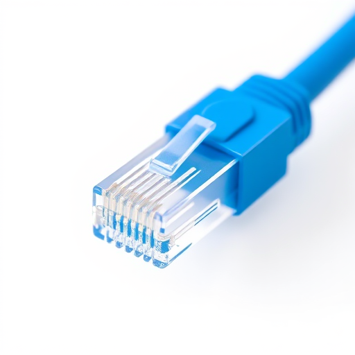 Close-up shot of a blue ethernet cable on a plain white background, aperture f/2.8, ISO 100, shutter speed 1/200 sec, taken with a DSLR camera using a macro lens for enhanced detail.