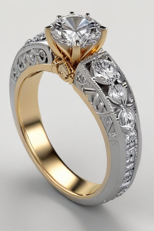 Elegant Diamond Engagement Ring with Intricate Design and Two-Tone Gold ...