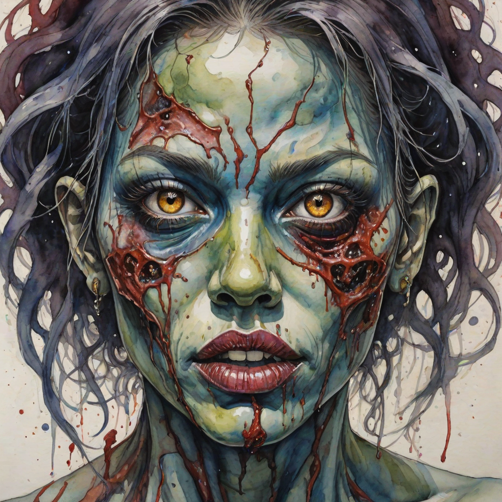 (perspective) of A creepy (ethnicity) zombie cyborg with (descriptive color) skin, (color) lipstick (color) liquid flowing from her eyes and mouth, (perspective two) portrait, (camera angle), extremely detailed, (art style) in the style of Yoshitaka Amano and Tetsuo Hara. --ar 85:128 --style raw --niji 6