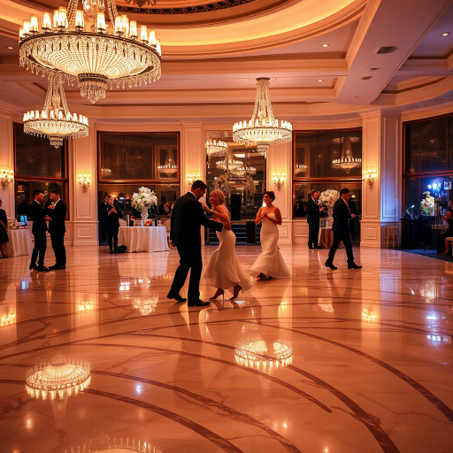 Elegant ballroom illuminated by chandeliers, couples dancing gracefully across the floor, their reflections gliding in the polished marble.