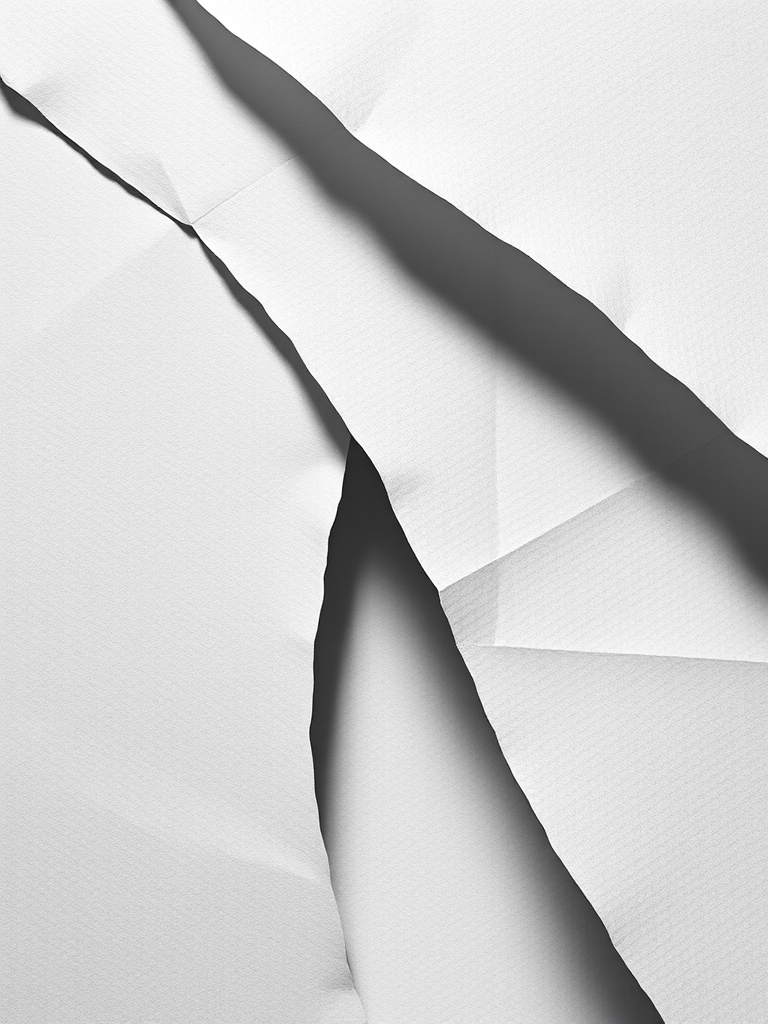 Create an abstract black and white artwork depicting layered textured paper with soft gradients and shadows, using a Canon EOS 5D Mark IV, 50mm lens, f/8 aperture, ISO 100, and a low-angle view to enhance depth and quality.
