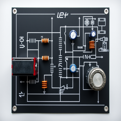 Create a high-resolution schematic diagram of an electric circuit featuring a battery, resistors, capacitors, and an inductor, captured using a DSLR camera with a f-stop of 8, ISO 200, shutter speed of 1/100s, in a top-down view for clarity and detail.