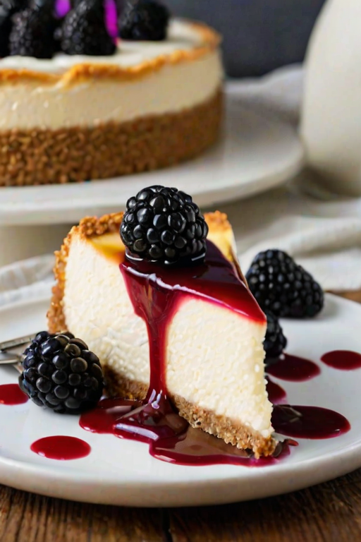 Create an image of a slice of cheesecake topped with a glossy blackberry sauce and fresh blackberries. The cheesecake has a smooth, creamy texture and a crumbly graham cracker crust. The background should be simple and elegant, highlighting the dessert.