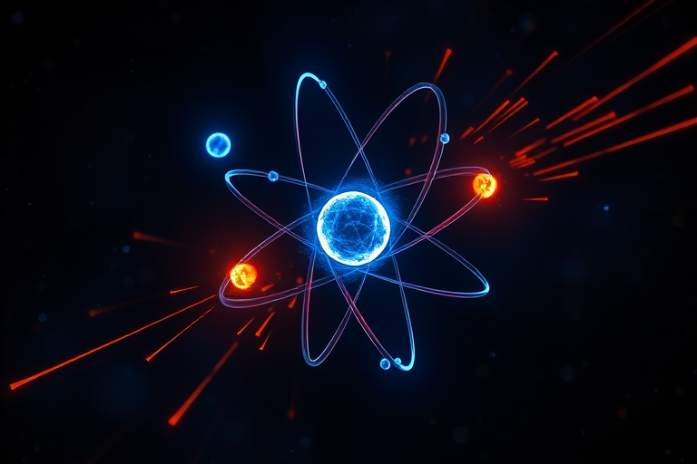 Generate a high-resolution image of a glowing atom with blue and orange elements representing electrons and fiery trails in a dark cosmic background, using a DSLR camera with a 50mm lens, f/1.8 aperture, ISO 100, and a long exposure of 5 seconds for enhanced detail and light capture.