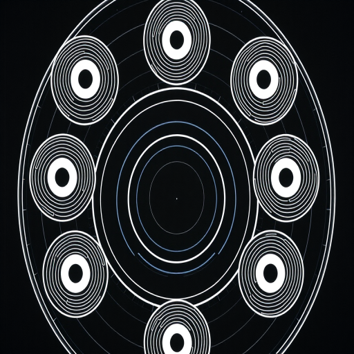 Generate a high-resolution image of a matrix of nine concentric circle patterns with radial lines in white on a black background, using a DSLR camera with a 50mm lens, aperture f/2.8, ISO 100, and a top-down view for clarity and symmetry.
