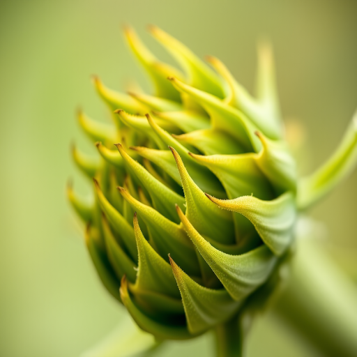 macro shot of a sunflower bud with intricate detail, shallow depth of field, soft bokeh background, taken with a DSLR camera at f/2.8, 100mm lens, ISO 200, natural light, focus on the texture and colors of the bud