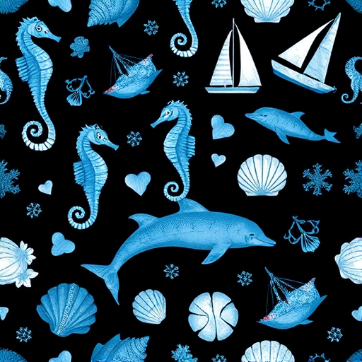 create a seamless pattern featuring blue marine elements like seahorses, sailboats, dolphins, and shells on a black background, captured with a DSLR camera at f/8, ISO 200, 50mm lens, top-down view, natural lighting for enhanced colors and details
