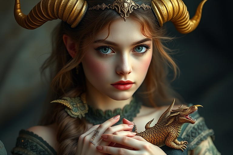 Create a highly detailed fantasy portrait of a young woman with golden horns and mystical attire, holding a small, ornate dragon, shot with a Canon EOS R5 at 50mm f/1.2, ISO 100, with soft lighting and a shallow depth of field to enhance the ethereal quality and intricate details.
