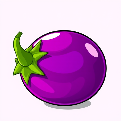Create a high-resolution illustration of a cartoon-style eggplant with vibrant colors and smooth shading, using a Canon EOS R camera with a 50mm f/1.8 lens, shot from a 45-degree angle, in natural lighting to enhance details and texture.
